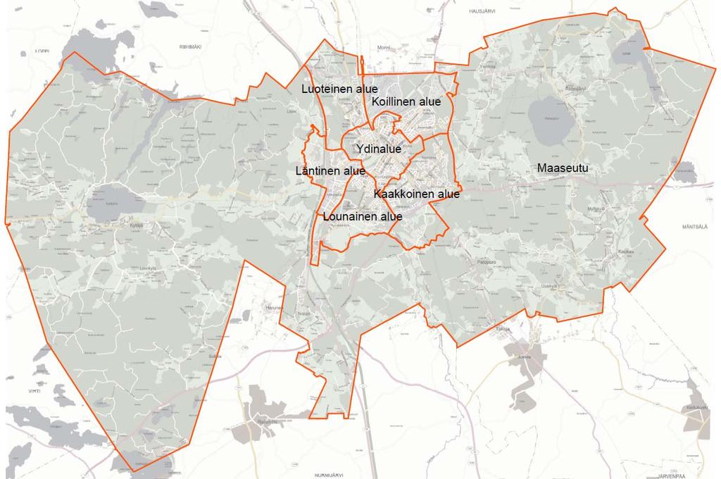 5 Osa-alueittaiset väestösuunnitteet Kuva 6. Osa-alueittaiset väestöennusteet on tehty suuralueittain. Taulukko 4. Väestömäärät suuralueittain keskivaihtoehdon mukaan.