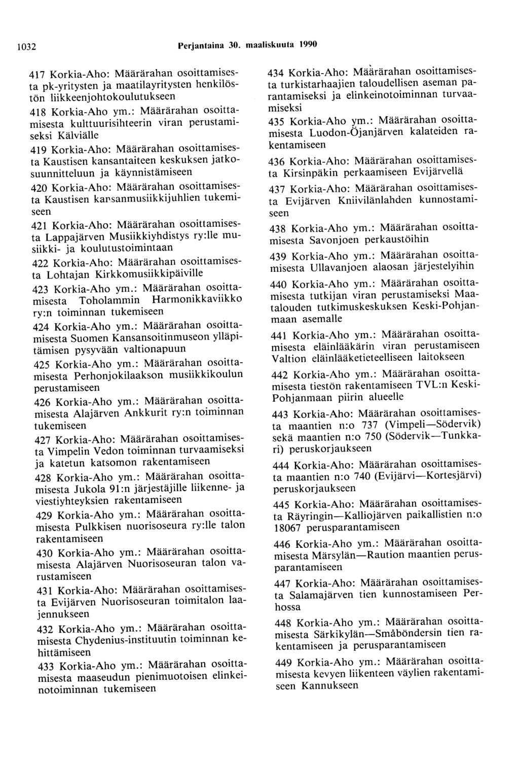 1032 Perjantaina 30. maaliskuuta 1990 417 Korkia-Aho: Määrärahan osoittamisesta pk-yritysten ja maatilayritysten henkilöstön liikkeenjohtokoulutukseen 418 Korkia-Aho ym.