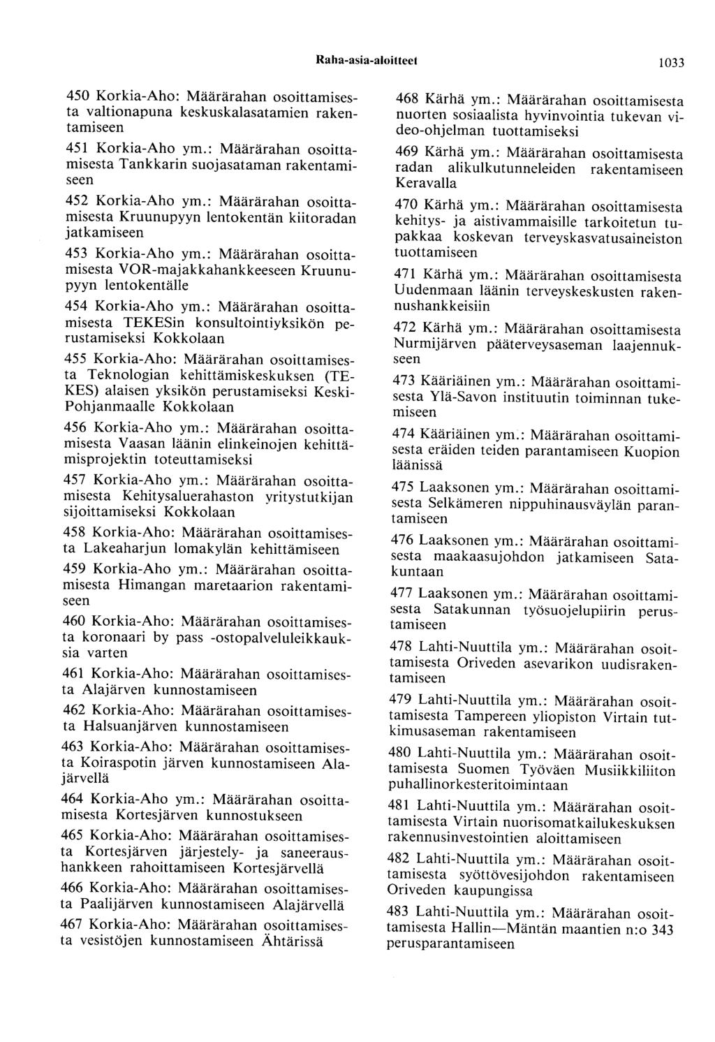 Raha-asia-aloitteet 1033 450 Korkia-Aho: Määrärahan osoittamisesta valtionapuna keskuskalasatamien 451 Korkia-Aho ym.: Määrärahan osoittamisesta Tankkarin suojasataman 452 Korkia-Aho ym.