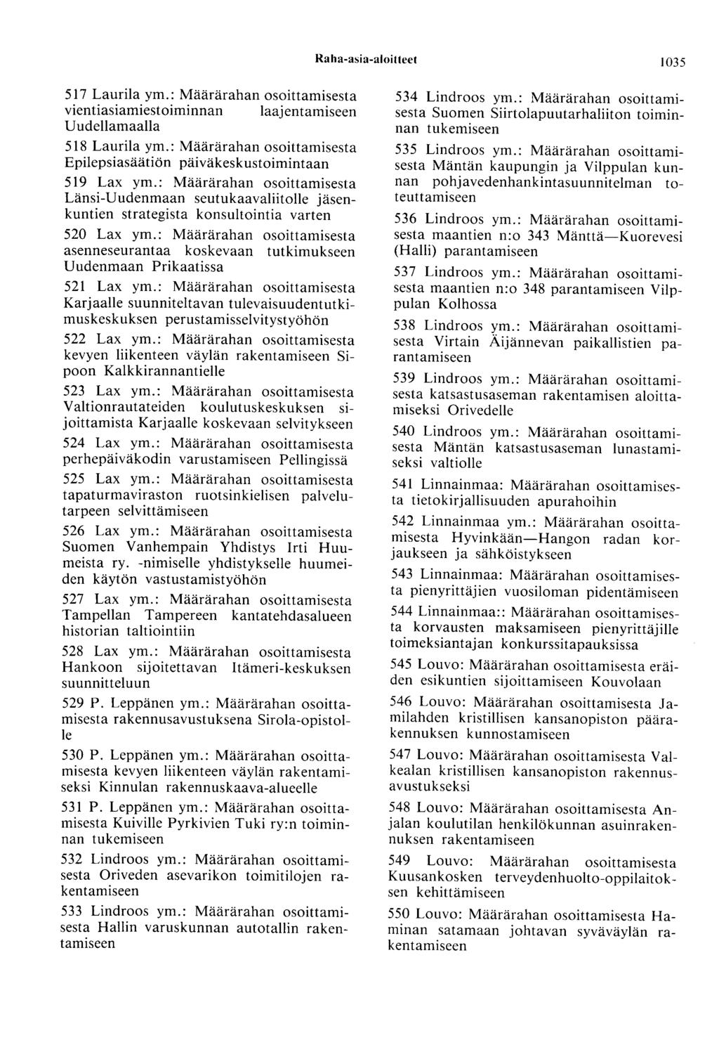 Raha-asia-aloitteet 1035 517 Laurila ymo: Määrärahan osoittamisesta vientiasiamiestoiminnan laajentamiseen Uudellamaalla 518 Laurila ym 0: Määrärahan osoittamisesta Epilepsiasäätiön