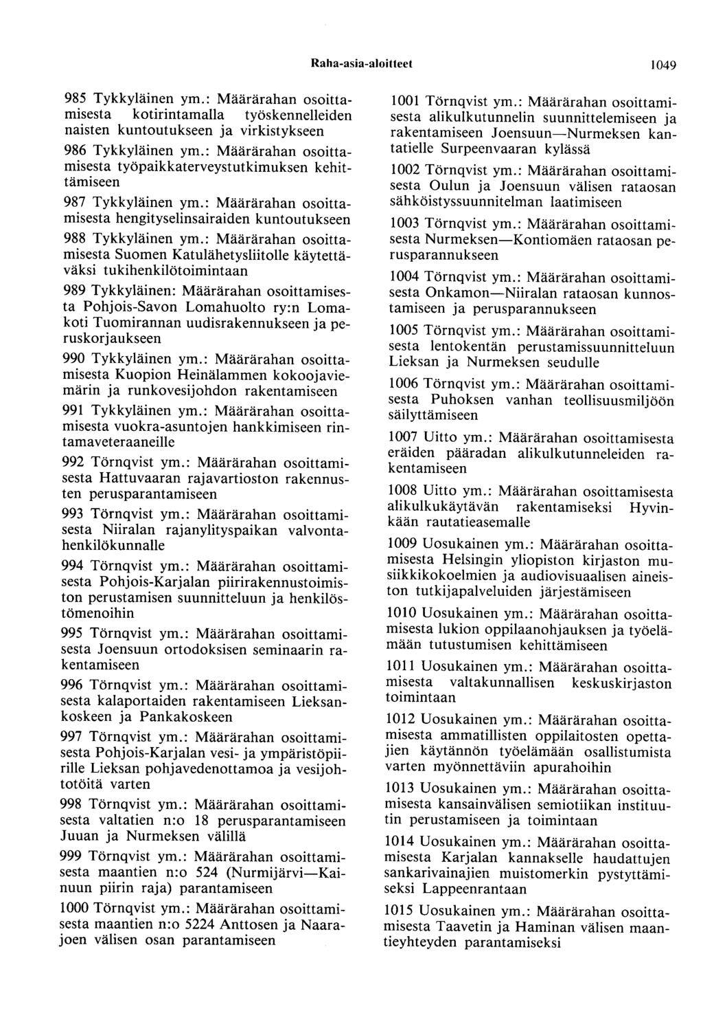Raha-asia-aloitteet 1049 985 Tykkyläinen ym.: Määrärahan osoittamisesta kotirintamalla työskennelleiden naisten kuntoutukseen ja virkistykseen 986 Tykkyläinen ym.