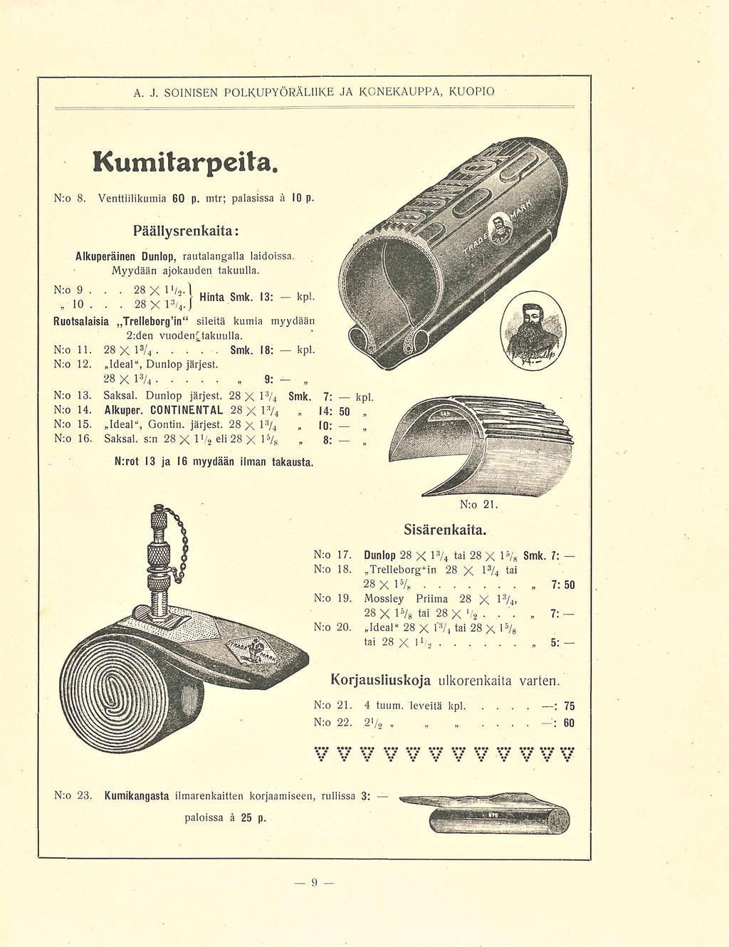 . 28X1VJ... Smk. l3: A. J. SOINISEN POLKUPYÖRÄLIIKE JA KONEKAUPPA, KUOPIO Kumitarpeita. Nro 8. Venttiilikumia 60 p. mtr; palasissa ä 10 p.