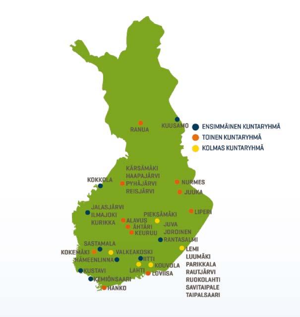 kehittämisessä. Näin käynnissä olevassa ohjelmassa vahvistetaan kuntien sitoutumista terveyden edistämiseen käytännössä. Kuvio 1. Voimaa Vanhuuteen -ohjelman (2010 2015) kunnat Suomen kartalla.