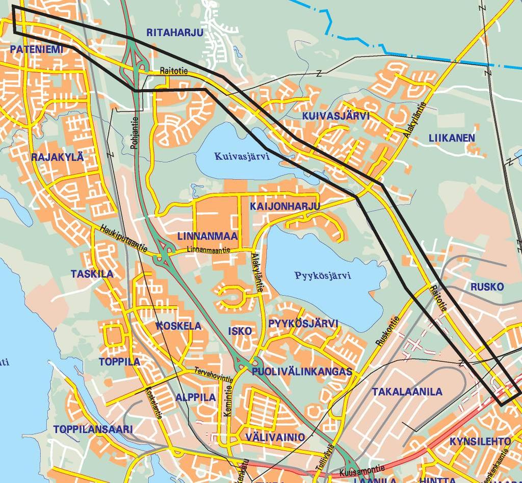 Suunnittelukohde ja -tehtävä Raitotie välillä Haukiputaantie Kuusamontie Noin 9 km osuus Osa tiejaksosta katua ja osa yleistä tietä Yleissuunnitelmatasoinen toimenpideselvitys, esitetään