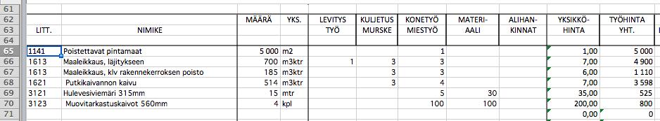 34 5.3 Ohjelman toiminta Aluksi muodostetaan tarjouksen määräluettelon mukaiset litterat ja nimikkeet rakennemäärineen laskenta-välilehdelle.