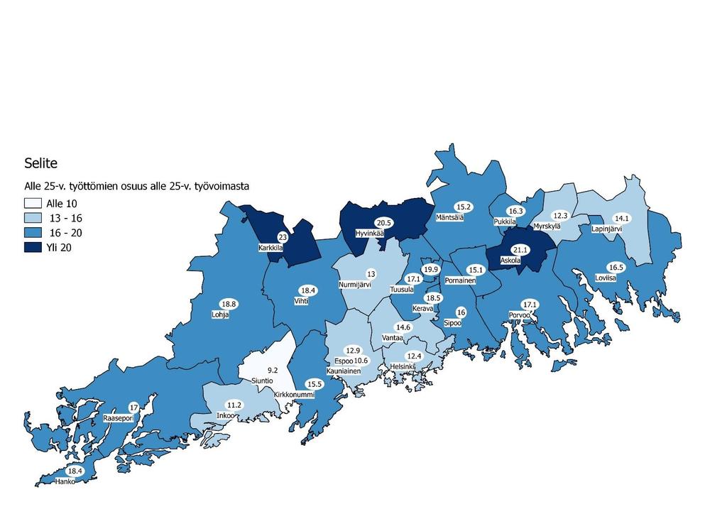 Alle 25-vuotiaiden työttömien työnhakijoiden osuus alle 25-vuotiaasta