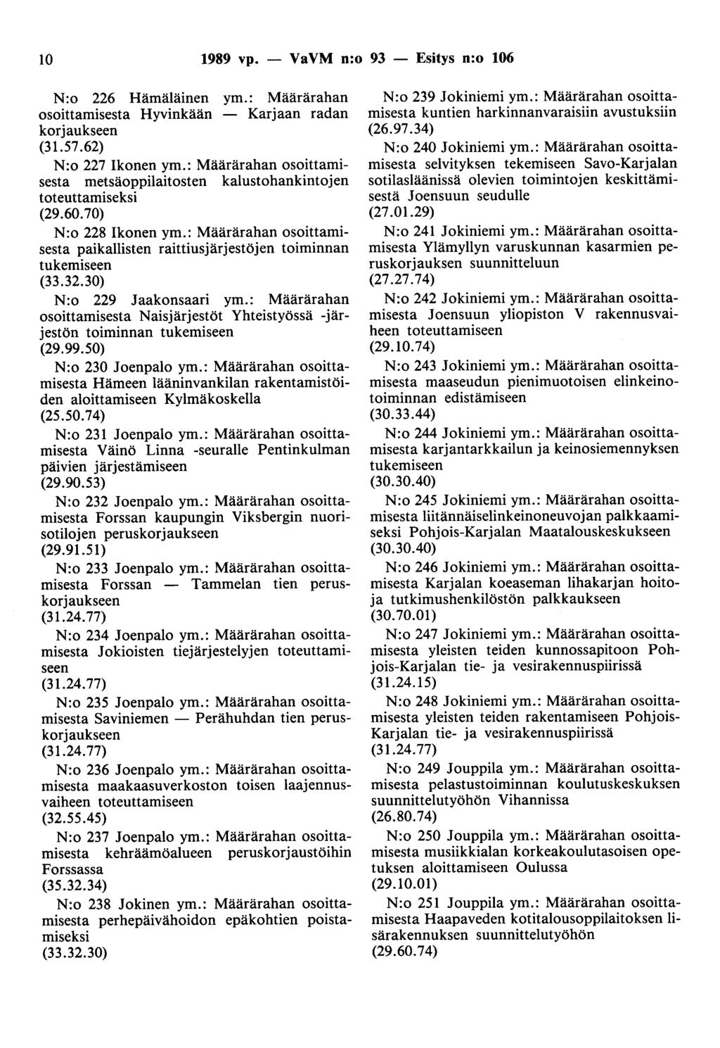 10 1989 vp. - VaVM n:o 93 - Esitys n:o 106 N:o 226 Hämäläinen ym.: Määrärahan osoittamisesta Hyvinkään - Karjaan radan korjaukseen (31.57.62) N:o 227 Ikonen ym.