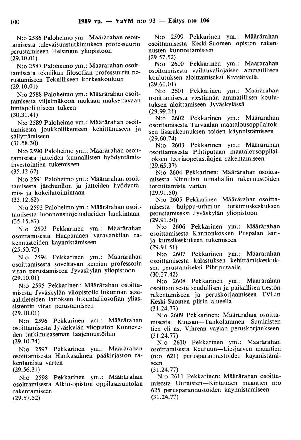 100 1989 vp. - VaVM n:o 93 - Esitys n:o 106 N:o 2586 Paloheimo ym.: Määrärahan osoittamisesta tulevaisuustutkimuksen professuurin perustamiseen Helsingin yliopistoon (29.10.01) N:o 2587 Paloheimo ym.