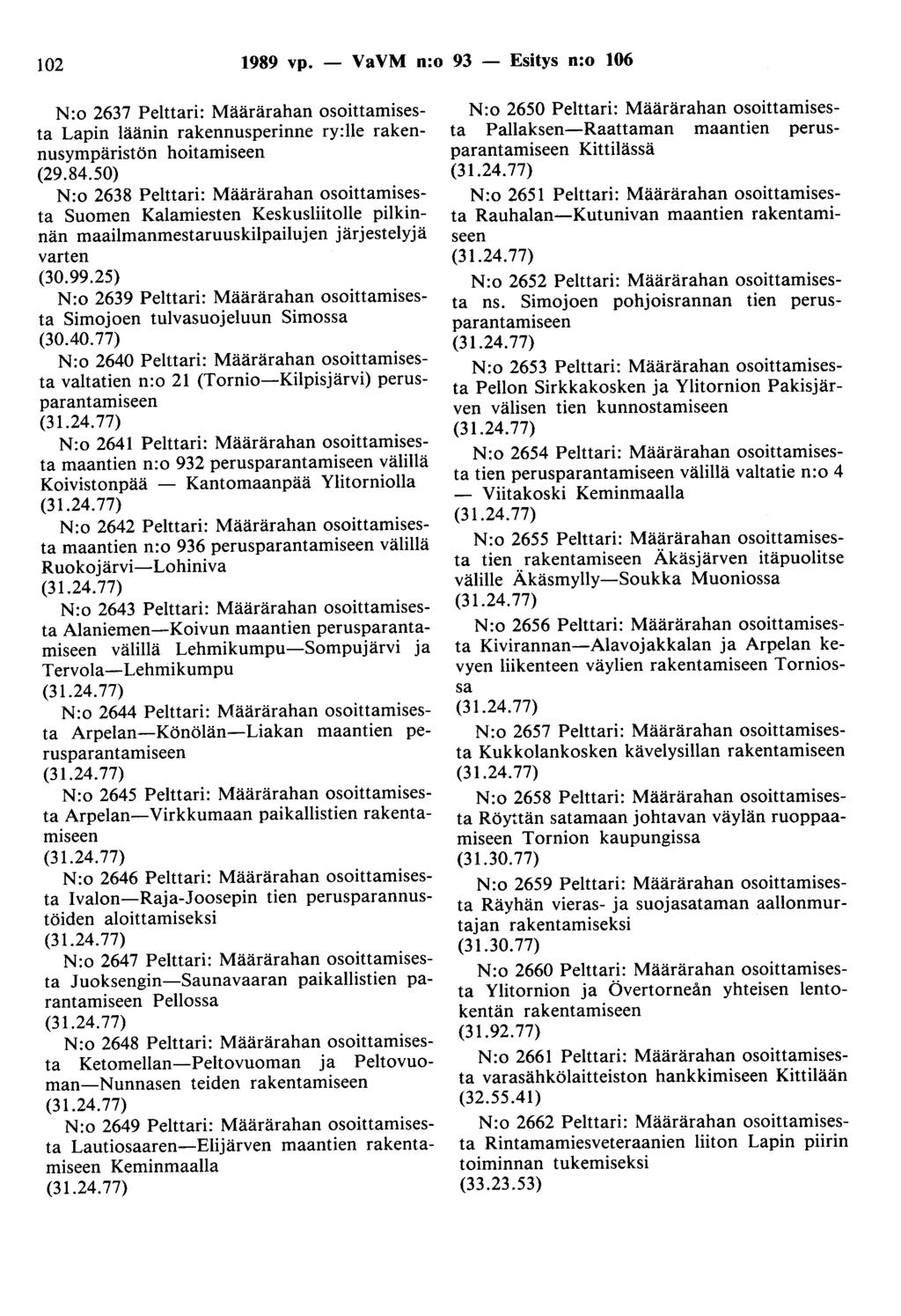102 1989 vp. - VaVM n:o 93 - Esitys n:o 106 N:o 2637 Pelttari: Määrärahan osoittamisesta Lapin läänin rakennusperinne ry:lle rakennusympäristön hoitamiseen (29.84.