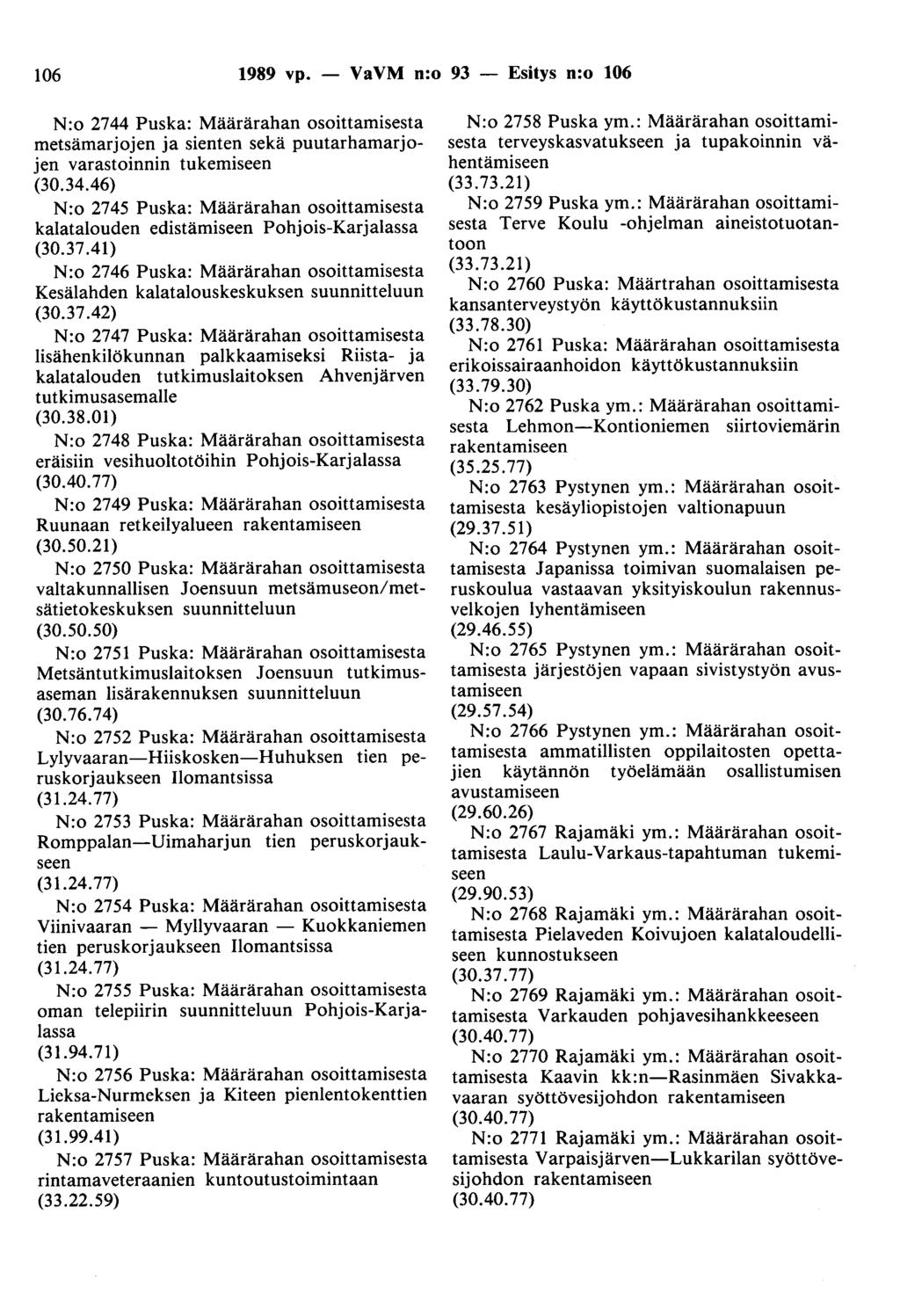 106 1989 vp. - VaVM n:o 93 - Esitys n:o 106 N:o 2744 Puska: Määrärahan osoittamisesta metsämarjojen ja sienten sekä puutarhamarjojen varastoinnin (30.34.