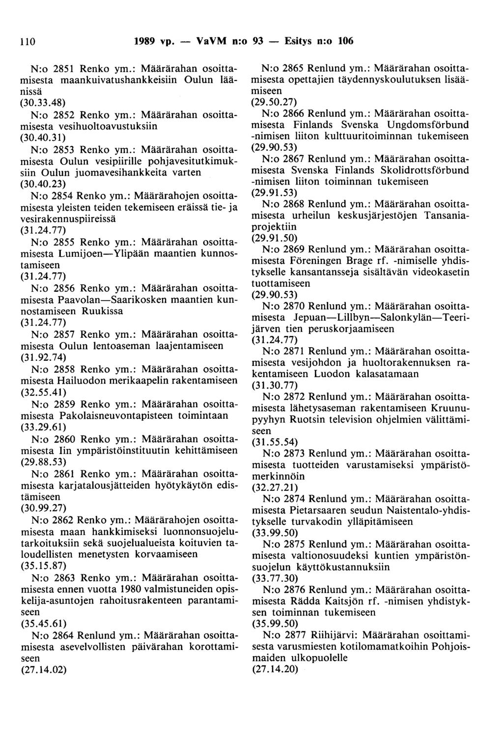 110 1989 vp. - VaVM n:o 93 - Esitys n:o 106 N:o 2851 Renko ym.: Määrärahan osoittamisesta maankuivatushankkeisiin Oulun läänissä (30.33.48) N:o 2852 Renko ym.