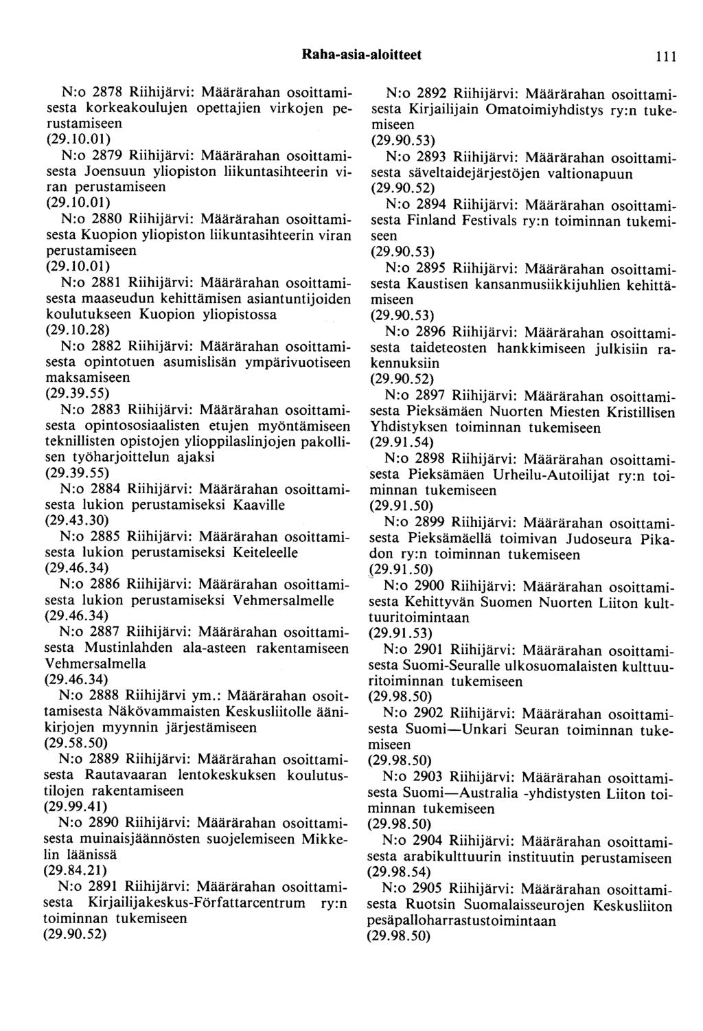 Raha-asia-aloitteet 111 N:o 2878 Riihijärvi: Määrärahan osoittamisesta korkeakoulujen opettajien virkojen perustamiseen (29.10.