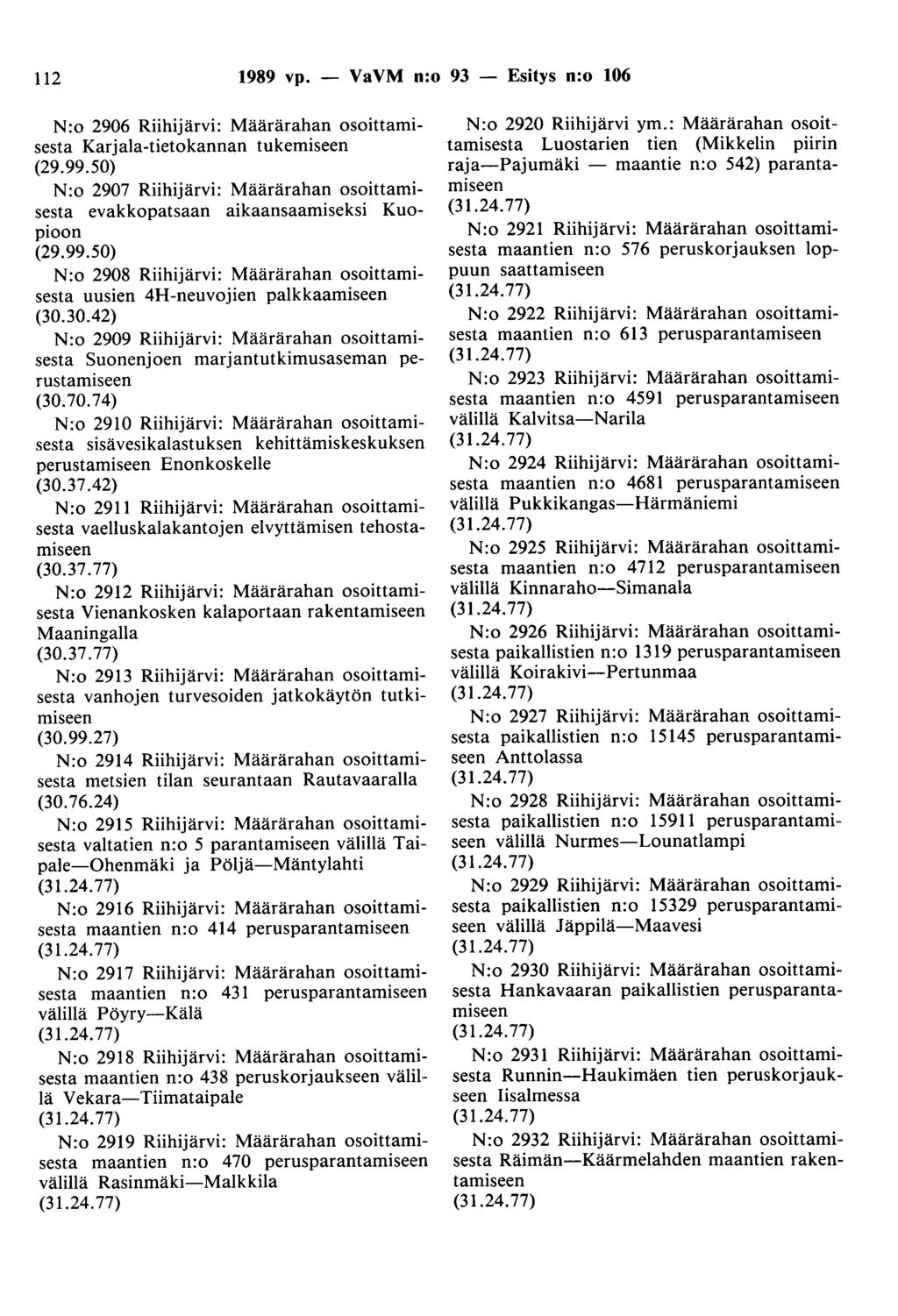 112 1989 vp. - VaVM n:o 93 - Esitys n:o 106 N:o 2906 Riihijärvi: Määrärahan osoittamisesta Karjala-tietokannan (29.99.