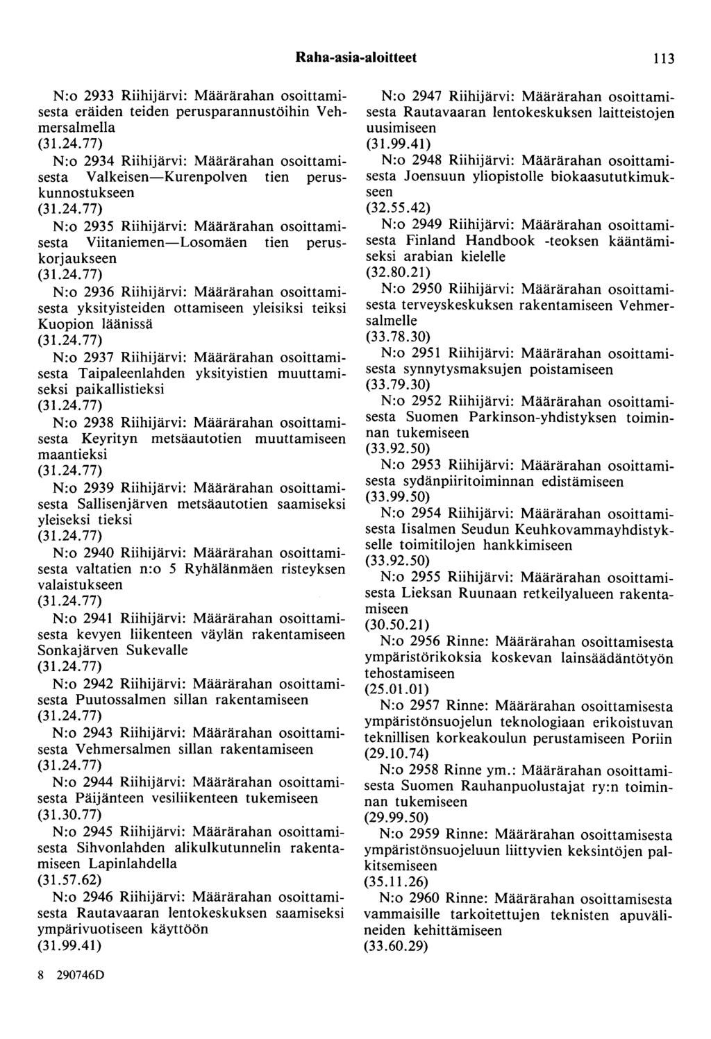 Raha-asia-aloitteet 113 N:o 2933 Riihijärvi: Määrärahan osoittamisesta eräiden teiden perusparannustöihin Vehmersalmella N:o 2934 Riihijärvi: Määrärahan osoittamisesta Valkeisen-Kurenpolven tien