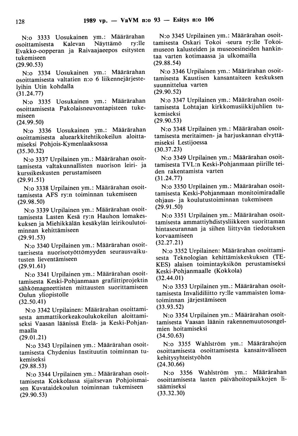 128 1989 vp. - VaVM n:o 93 - Esitys n:o 106 N:o 3333 Uosukainen ym.: Määrärahan osoittamisesta Kalevan Näyttämö ry:lle Evakko-oopperan ja Raivaajaeepos esitysten (29.90.53) N:o 3334 Uosukainen ym.
