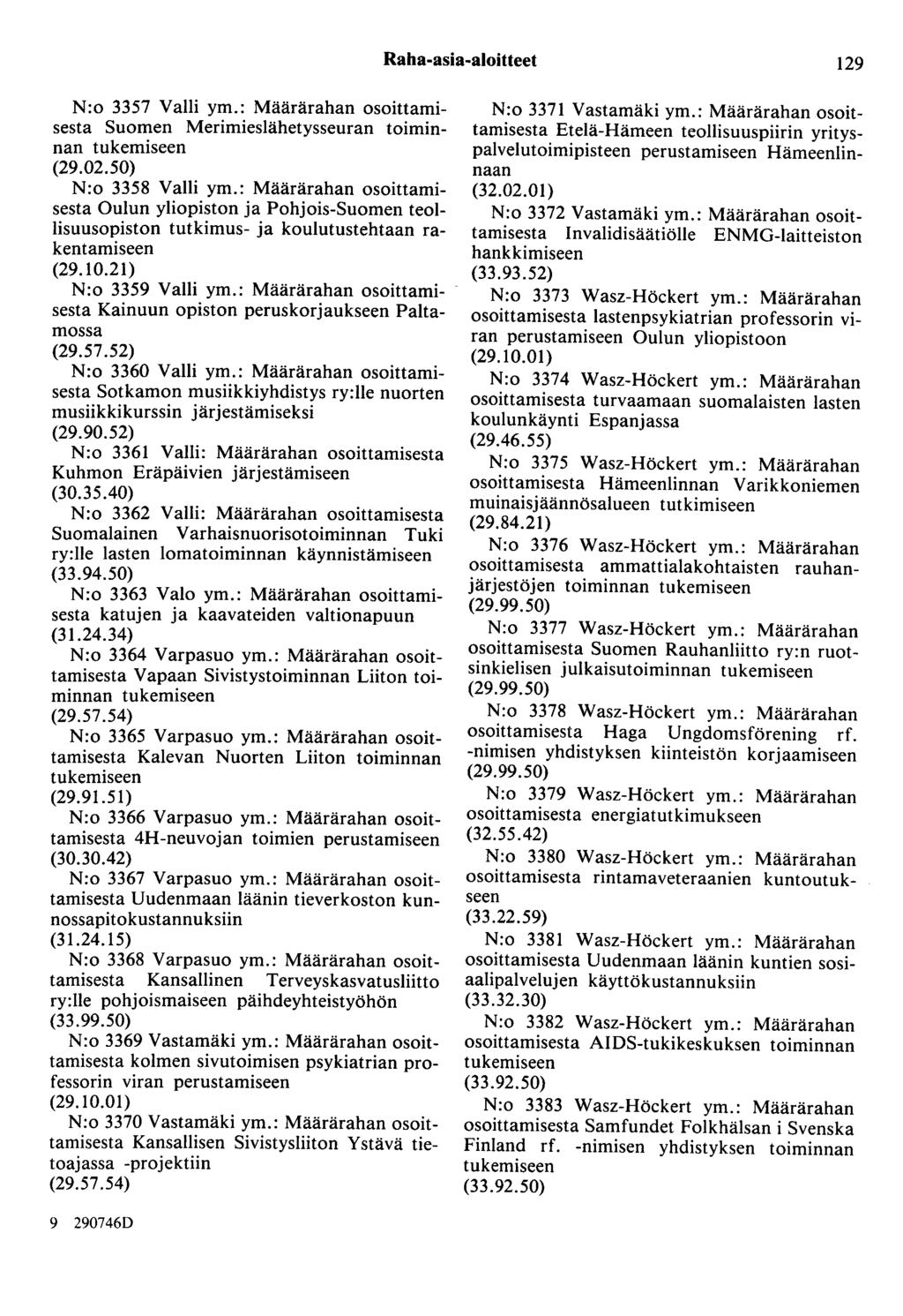 Raha-asia-aloitteet 129 N:o 3357 Valli ym.: Määrärahan osoittamisesta Suomen Merimieslähetysseuran toiminnan (29.02.50) N:o 3358 Valli ym.