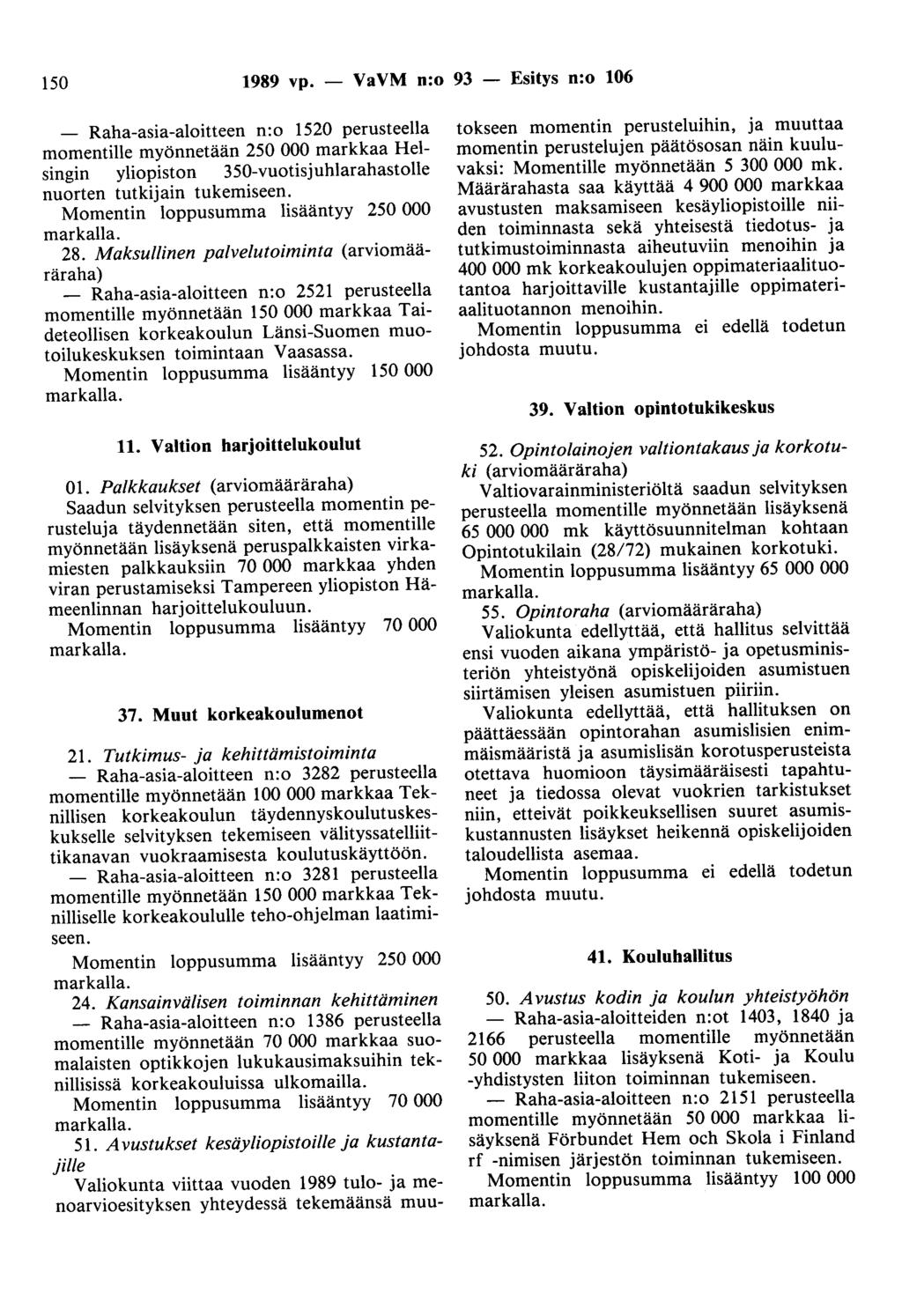 150 1989 vp. - VaVM n:o 93 - Esitys n:o 106 Raha-asia-aloitteen n:o 1520 perusteella momentille myönnetään 250 000 markkaa Helsingin yliopiston 350-vuotisjuhlarahastolle nuorten tutkijain.