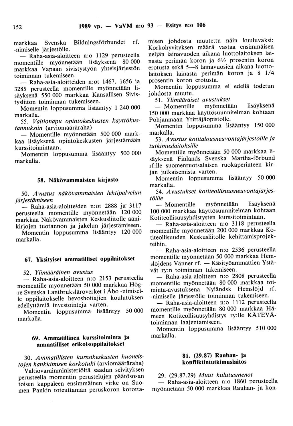 152 1989 vp. - VaVM n:o 93 - Esitys n:o 106 markkaa Svenska Bildningsförbundet rf. -nimiselle järjestölle.