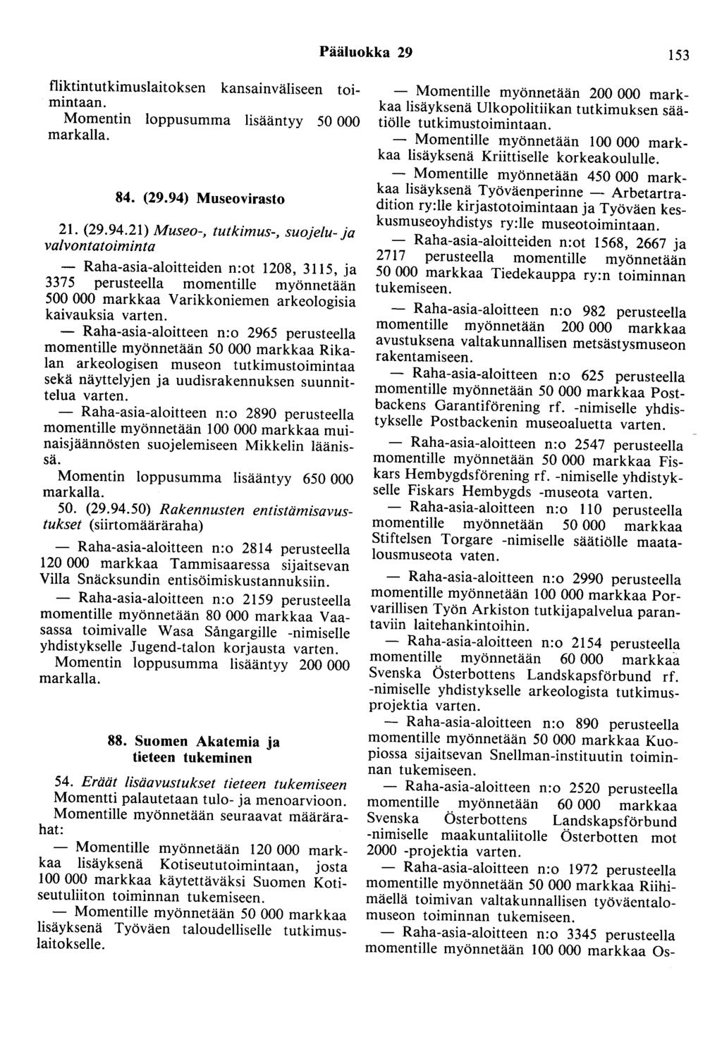 Pääluokka 29 153 fliktintutkimuslaitoksen kansainväliseen toimintaan. Momentin loppusumma lisääntyy 50 000 markalla. 84. (29.94)