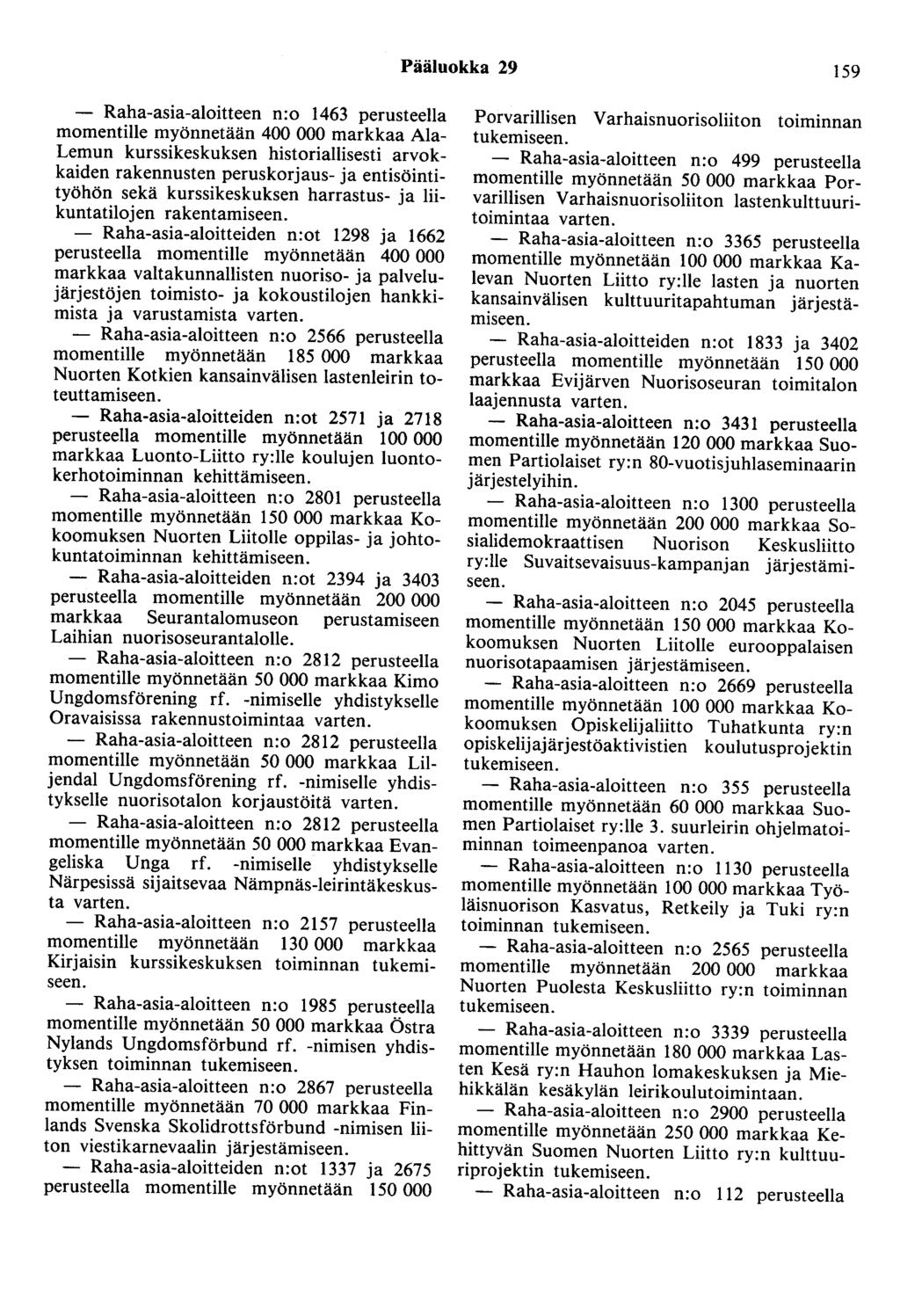 Pääluokka 29 159 - Raha-asia-aloitteen n:o 1463 perusteella momentille myönnetään 400 000 markkaa Ala Lemun kurssikeskuksen historiallisesti arvokkaiden rakennusten peruskorjaus- ja entisöintityöhön