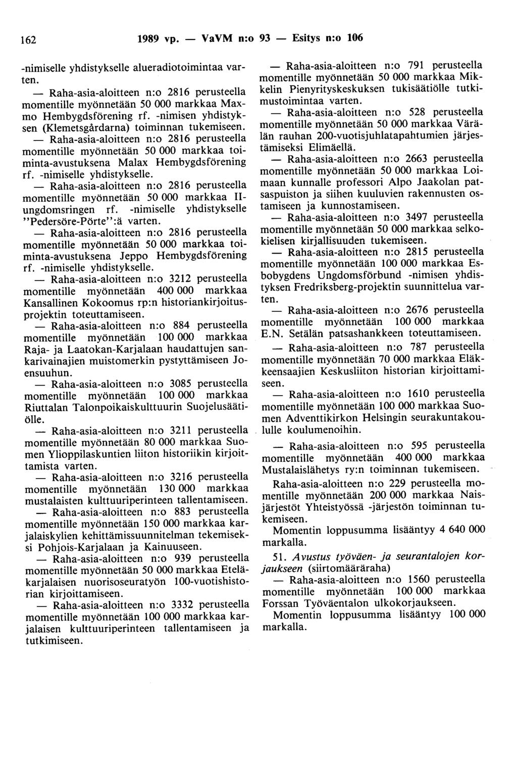 162 1989 vp. - VaVM n:o 93 - Esitys n:o 106 -nimiselle yhdistykselle alueradiotoimintaa varten.