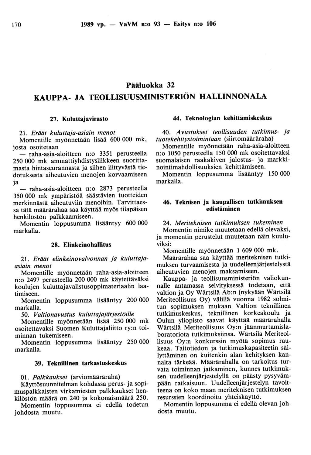 170 1989 vp. - VaVM n:o 93 - Esitys n:o 106 Pääluokka 32 KAUPPA- JA TEOLLISUUSMINISTERIÖN HALLINNONALA 27. Kuluttajavirasto 21.