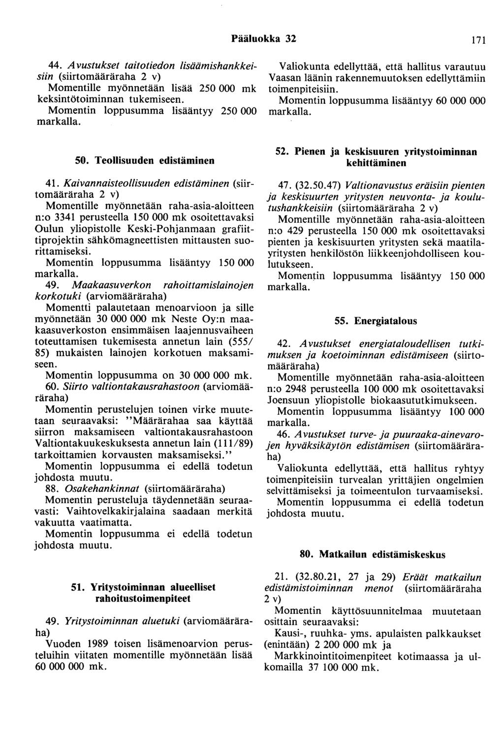 Pääluokka 32 171 44. Avustukset taitotiedon lisäämishankkeisiin (siirtomääräraha 2 v) Momentille myönnetään lisää 250 000 mk keksintötoiminnan. Momentin loppusumma lisääntyy 250 000 markalla.