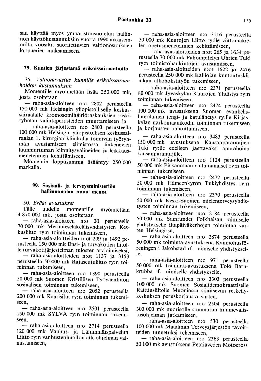 Pääluokka 33 175 saa käyttää myös ympäristönsuojelun hallinnon käyttökustannuksiin vuotta 1990 aikaisemmilta vuosilta suoritettavien valtionosuuksien loppuerien maksamiseen. 79.