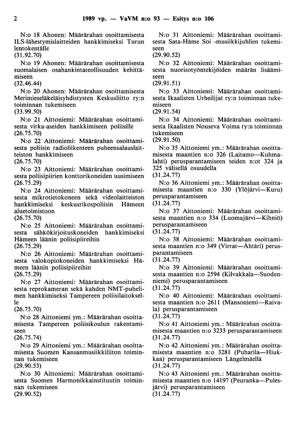 2 1989 vp. - VaVM n:o 93 - Esitys n:o 106 N:o 18 Ahonen: Määrärahan osoittamisesta ILS-lähestymislaitteiden hankkimiseksi Turun lentokentälle (31.92.