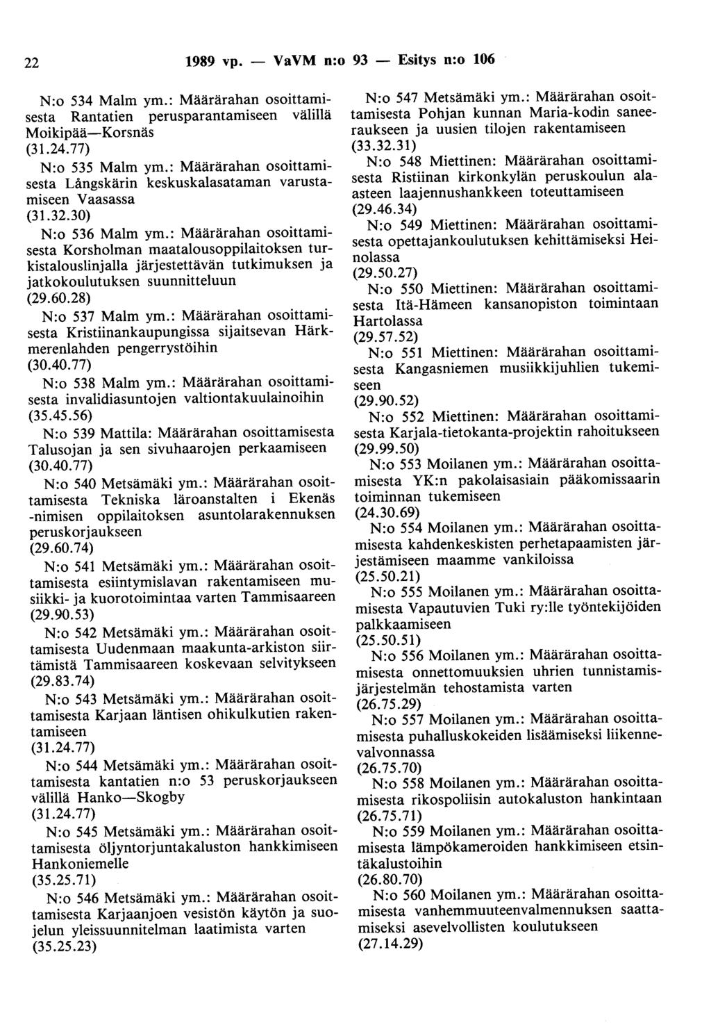 22 1989 vp. - VaVM n:o 93 - Esitys n:o 106 N:o 534 Malm ym.: Määrärahan osoittamisesta Rantatien perusparantamiseen välillä Moikipää-Korsnäs N :o 535 Malm ym.