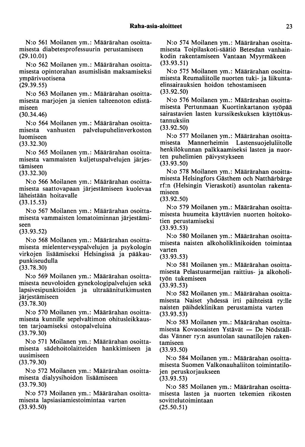 Raha-asia-aloitteet 23 N:o 561 Moilanen ym.: Määrärahan osoittamisesta diabetesprofessuurin perustamiseen (29.10.01) N:o 562 Moilanen ym.