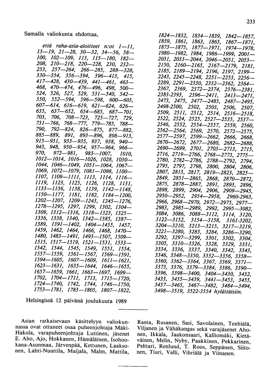 233 Samalla valiokunta ehdottaa, että raha-asia-aloitteet n:ot J-JJ, 13-J9, 2J-28, 30-32, 34-56, 58- JO~ J02-J09, JJ3, JJ5-J8~ J82-208, 2J0-2J8, 220-228, 230, 232-253, 257-264, 266-285, 288-328,