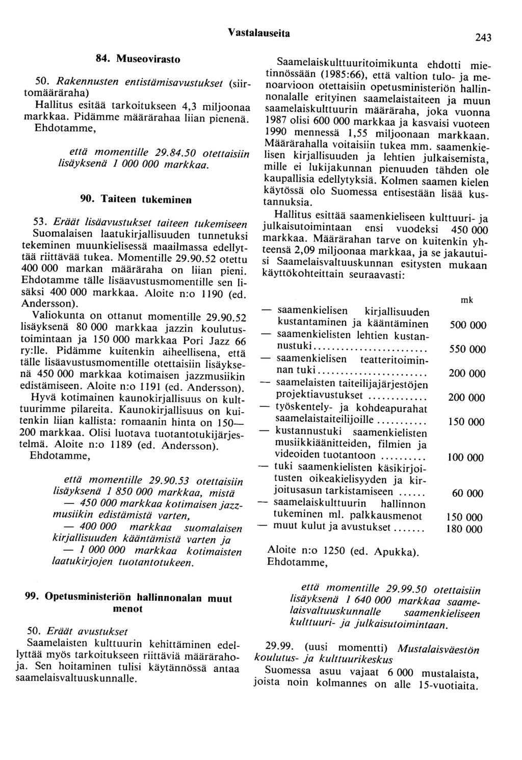 Vastalauseita 243 84. Museovirasto 50. Rakennusten entistämisavustukset (siirtomääräraha) Hallitus esitää tarkoitukseen 4,3 miljoonaa markkaa. Pidämme määrärahaa liian pienenä.