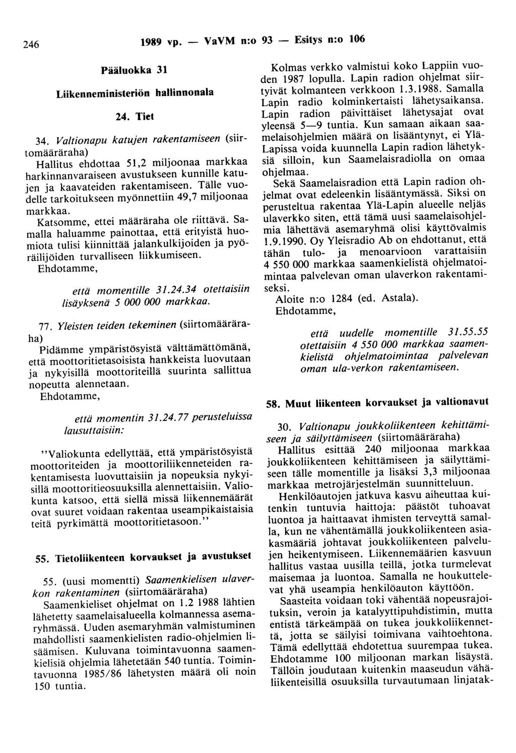 246 1989 vp. VaVM n:o 93 - Esitys n:o 106 Pääluokka 31 Liikenneministeriön hallinnonala 24. Tiet 34.