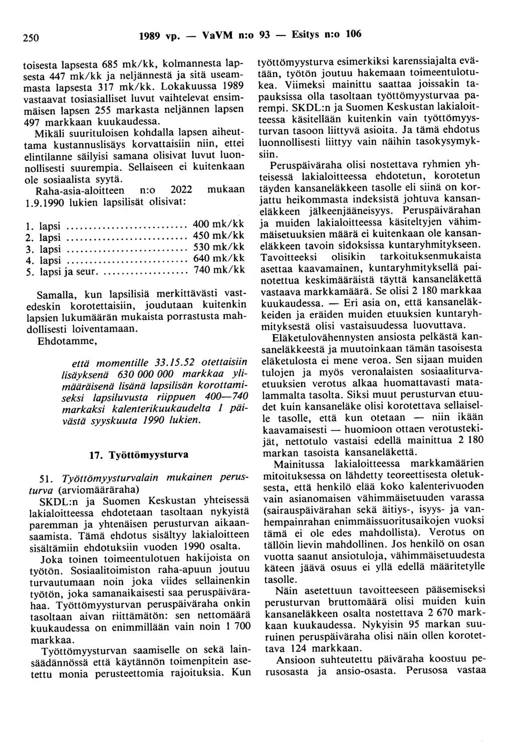 250 1989 vp. - VaVM n:o 93 - Esitys n:o 106 toisesta lapsesta 685 mk/kk, kolmannesta lapsesta 447 mk/kk ja neljännestä ja sitä useammasta lapsesta 317 mk/kk.