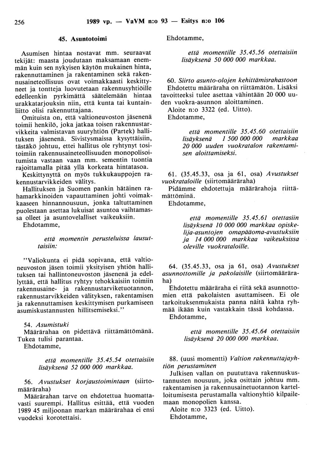 256 1989 vp. - VaVM n:o 93 - Esitys n:o 106 45. Asuntotoimi Asumisen hintaa nostavat mm.