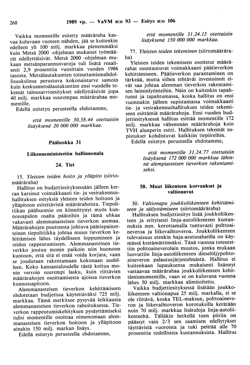 268 1989 vp. - VaVM n:o 93 - Esitys n:o 106 Vaikka momentille esitetty määräraha kasvaa kuluvaan vuoteen nähden, jää se kuitenkin edelleen yli 100 milj.