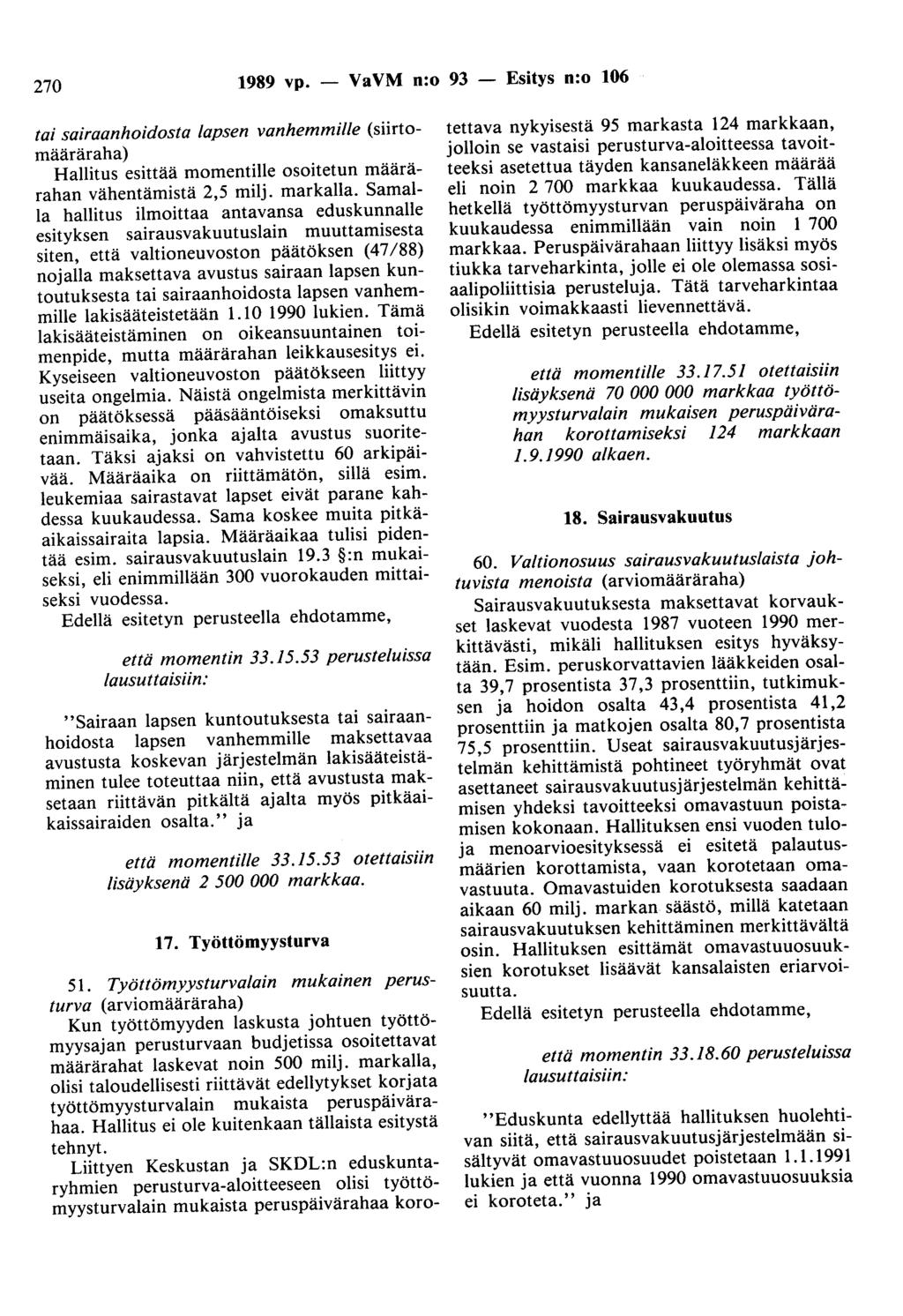 270 1989 vp. - VaVM n:o 93 - Esitys n:o 106 tai sairaanhoidosta lapsen vanhemmille (siirtomääräraha) Hallitus esittää momentille osoitetun määrärahan vähentämistä 2,5 milj. markalla.