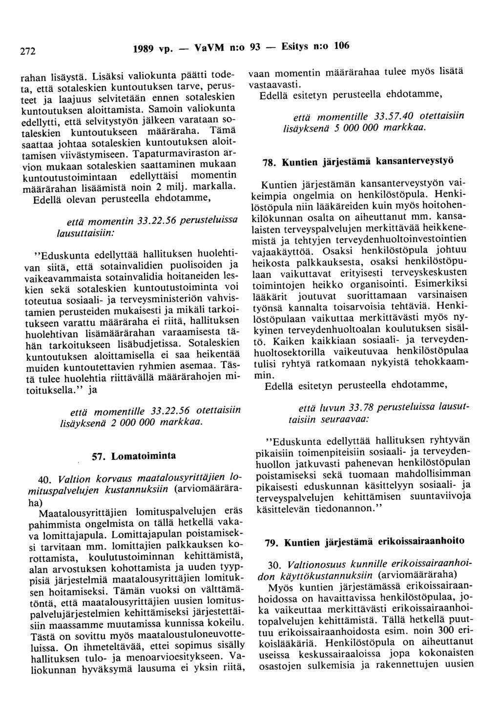 272 1989 vp. - VaVM n:o 93 - Esitys n:o 106 rahan lisäystä.