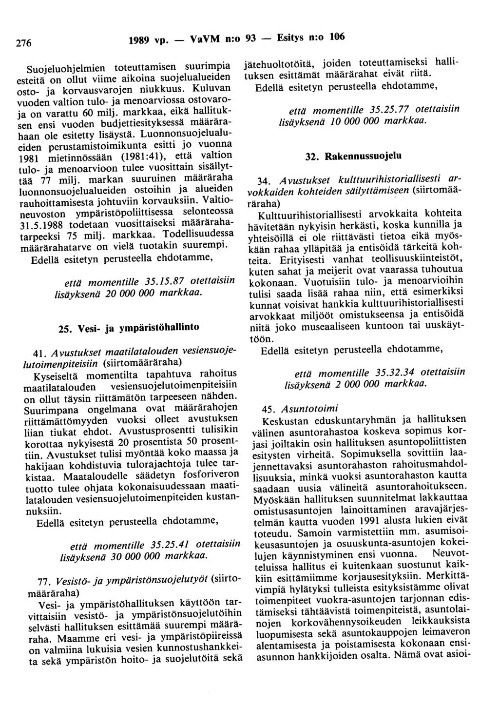 276 1989 vp. - VaVM n:o 93 - Esitys n:o 106 Suojeluohjelmien toteuttamisen suurimpia esteitä on ollut viime aikoina suojelualueiden osto- ja korvausvarojen niukkuus.