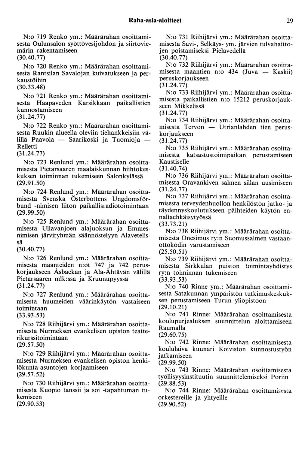 Raha-asia-aloitteet 29 N:o 719 Renko ym.: Määrärahan osoittamisesta Oulunsalon syöttövesijohdon ja siirtoviemärin rakentamiseen (30.40.77) N:o 720 Renko ym.