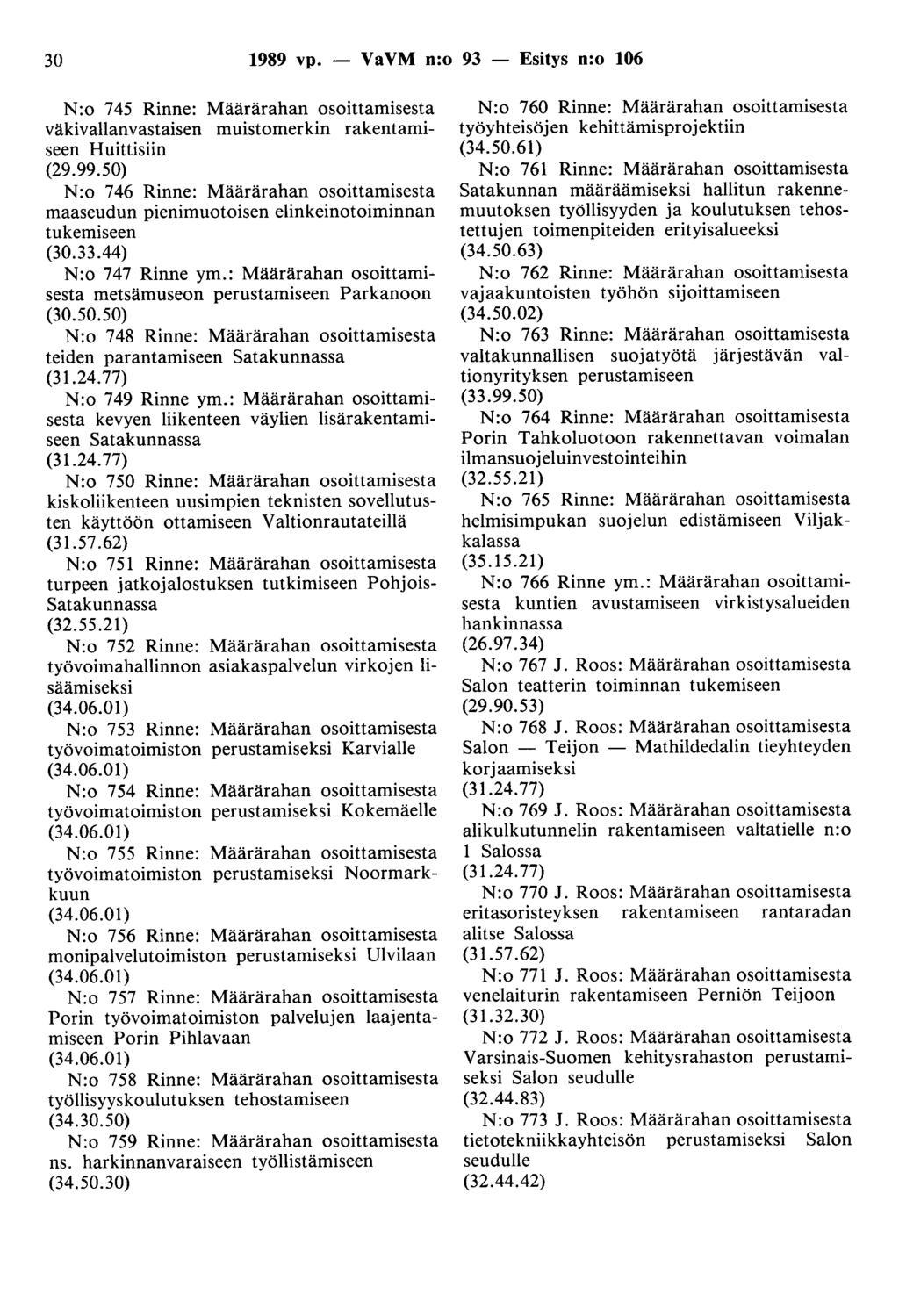 30 1989 vp. - VaVM n:o 93 - Esitys n:o 106 N:o 745 Rinne: Määrärahan osoittamisesta väkivallanvastaisen muistomerkin rakentamiseen Huittisiin (29.99.