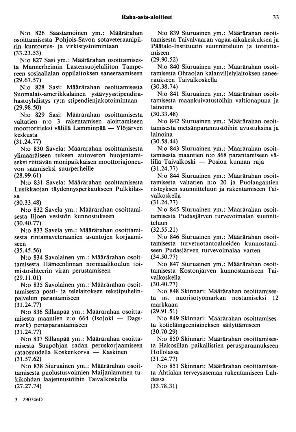 Raha-asia-aloitteet 33 N:o 826 Saastamoinen ym.: Määrärahan osoittamisesta Pohjois-Savon sotaveteraanipiirin kuntoutus- ja virkistystoimintaan (33.23.53) N:o 827 Sasi ym.