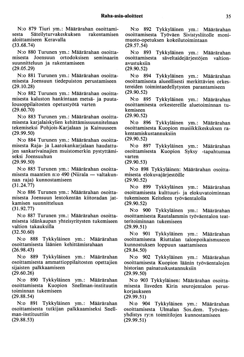Raha-asia-aloitteet 35 N:o 879 Tiuri ym.: Määrärahan osoittamisesta Säteilyturvakeskuksen rakentamisen aloittamiseen Keravalla (33.68.74) N :o 880 Turunen ym.