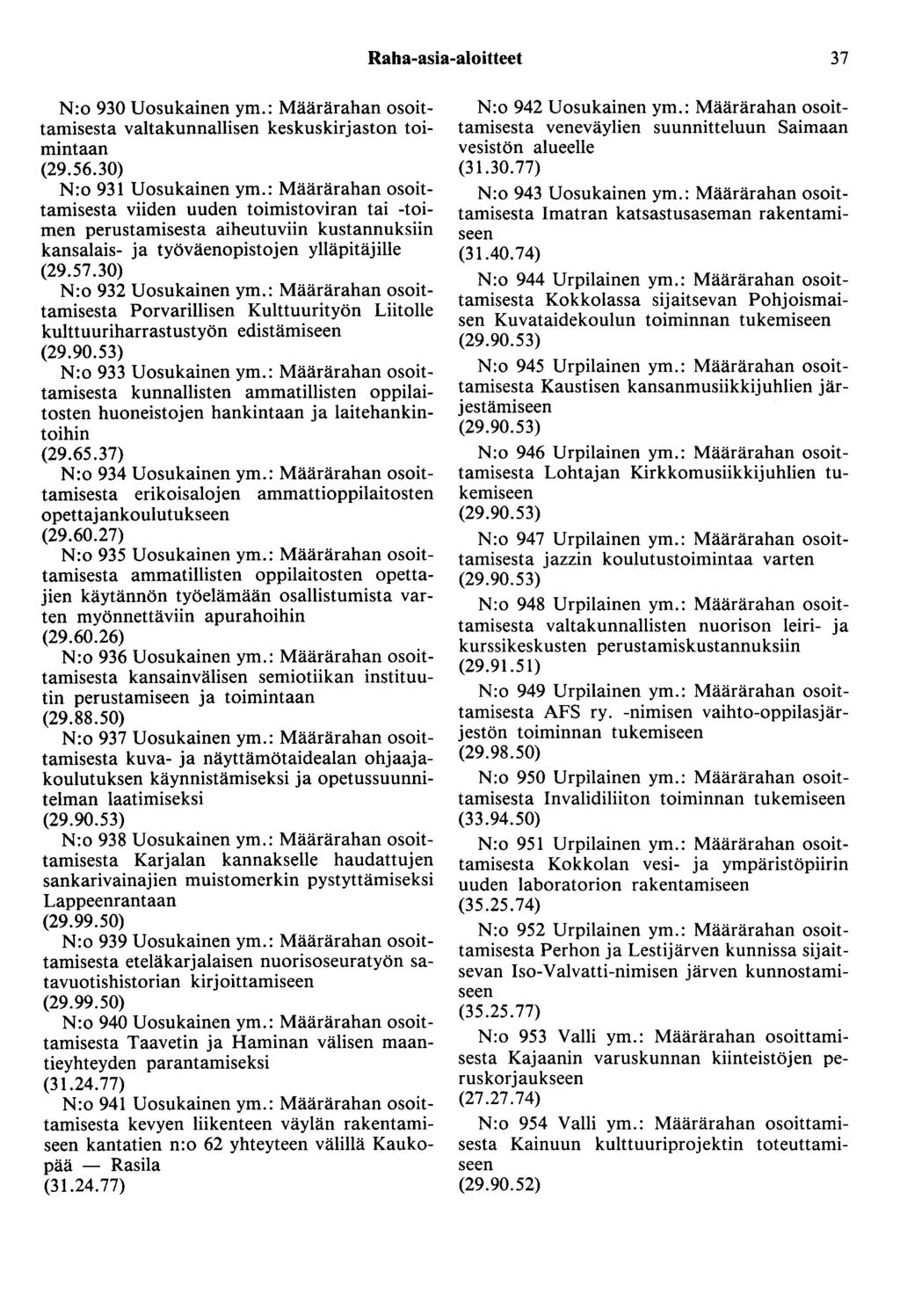Raha-asia-aloitteet 37 N:o 930 Uosukainen ym.: Määrärahan osoittamisesta valtakunnallisen keskuskirjaston toimintaan (29.56.30) N:o 931 Uosukainen ym.