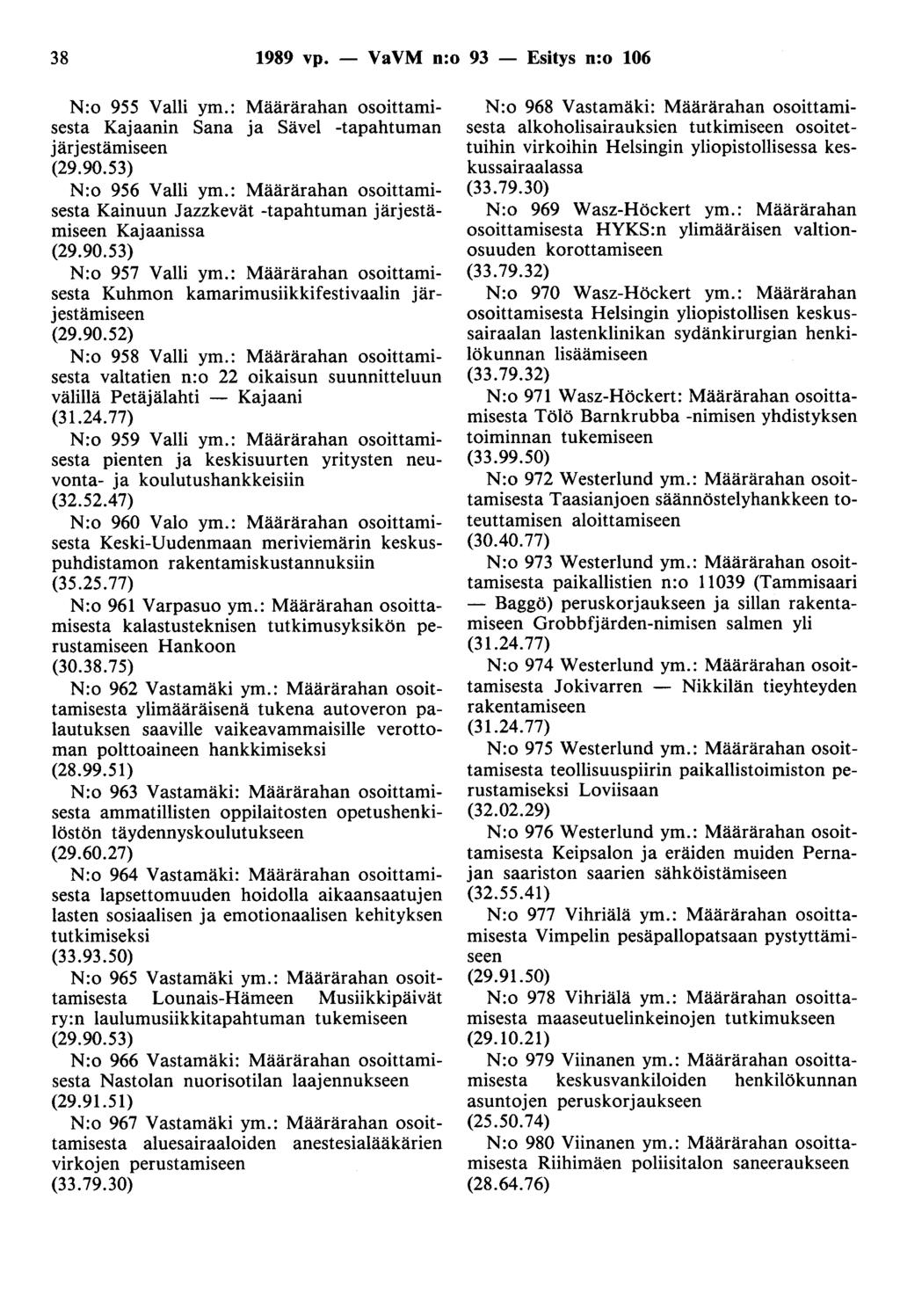 38 1989 vp. - VaVM n:o 93 - Esitys n:o 106 N:o 955 Valli ym.: Määrärahan osoittamisesta Kajaanin Sana ja Sävel -tapahtuman järjestämiseen (29.90.53) N:o 956 Valli ym.
