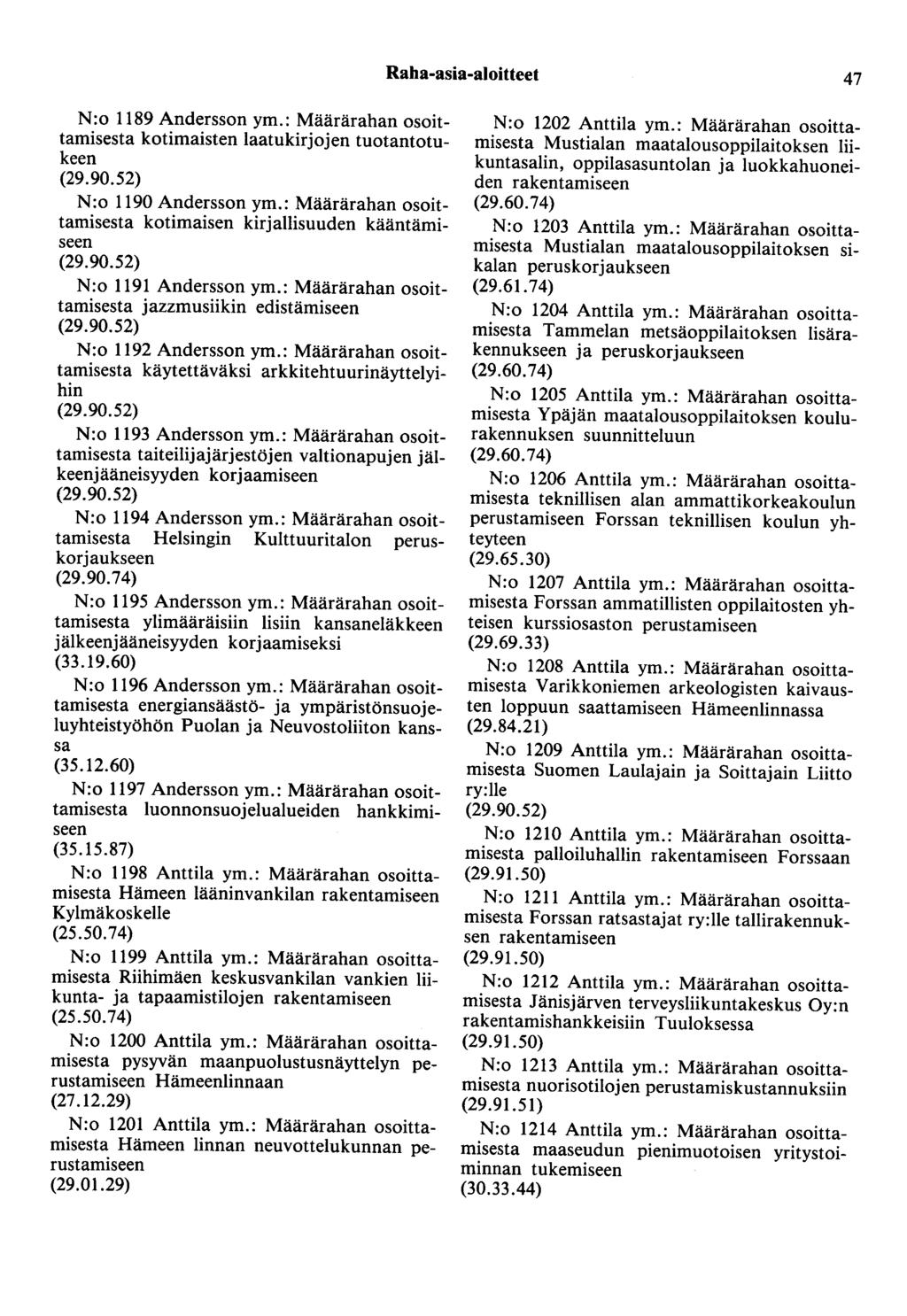 Raha-asia-aloitteet 47 N :o 1189 Andersson ym.: Määrärahan osoittamisesta kotimaisten laatukirjojen tuotantotukeen (29.90.52) N :o 1190 Andersson ym.