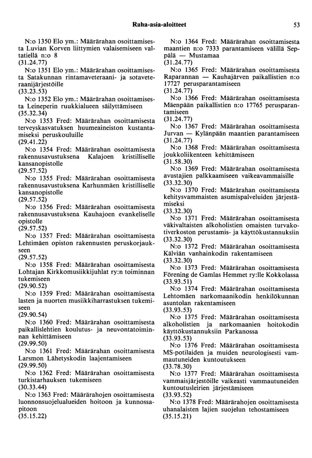 Raha-asia-aloitteet 53 N:o 1350 Elo ym.: Määrärahan osoittamisesta Luvian Korven liittymien valaisemiseen valtatiellä n:o 8 N:o 1351 Elo ym.
