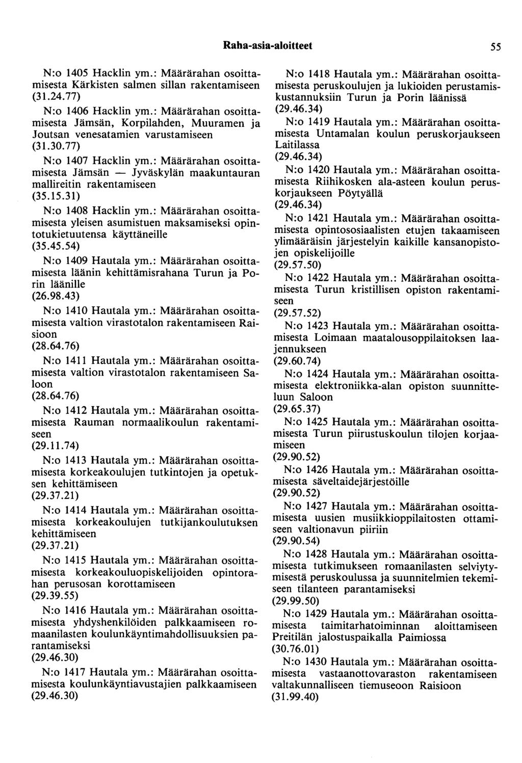 Raha-asia-aloitteet 55 N:o 1405 Hacklin ym.: Määrärahan osoittamisesta Kärkisten salmen sillan rakentamiseen N:o 1406 Hacklin ym.