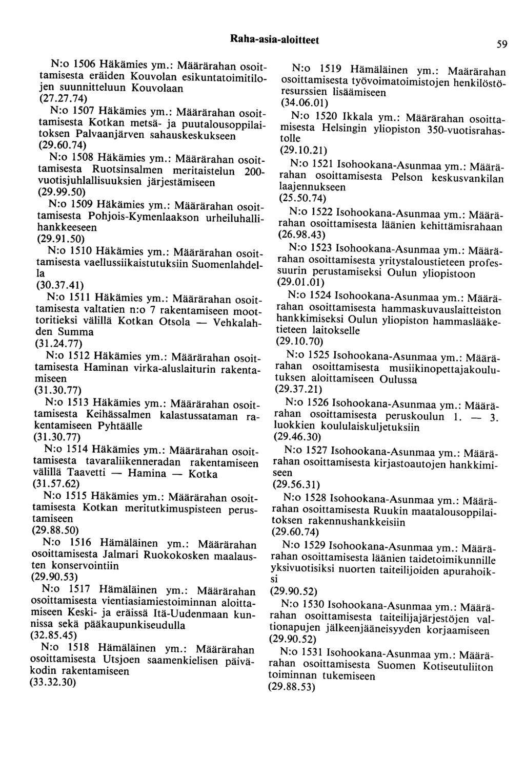 Raha-asia-aloitteet 59 N:o 1506 Häkämies ym.: Määrärahan osoittamisesta eräiden Kouvolan esikuntatoimitilojen suunnitteluun Kouvolaan (27.27.74) N:o 1507 Häkämies ym.